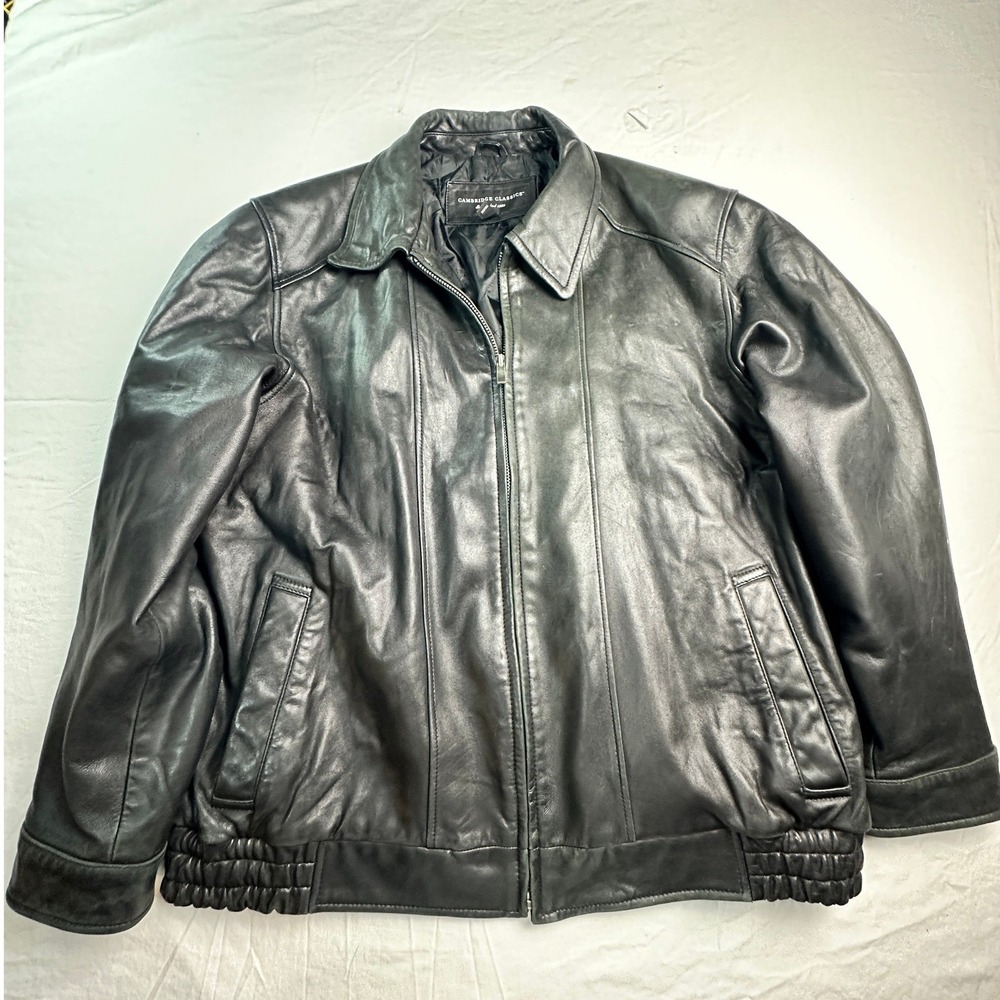 Cambridge Classics Mens Black Genuine Leather Bomber Jacket XL Full Zip Quilted